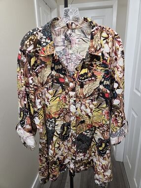 For Cynthia Linen And Viscose Blend Plus Size Multicolor Print Button-down Top